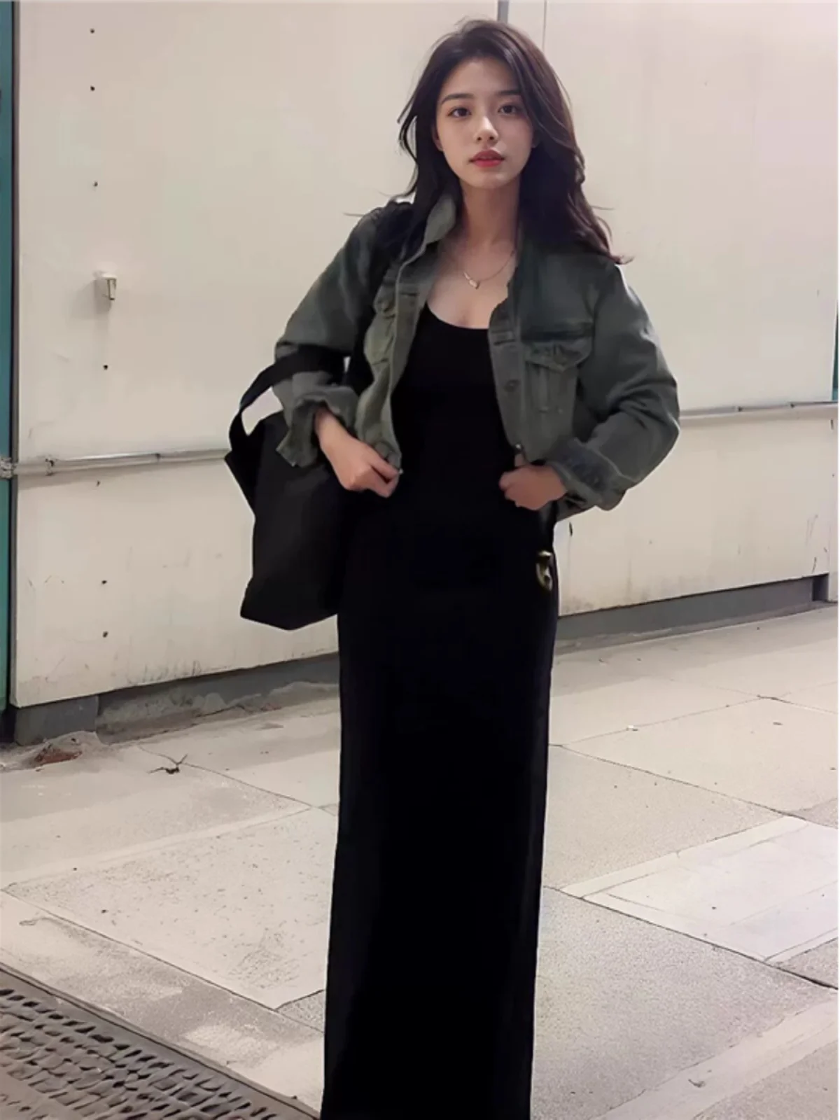 Denim Coats Jacket For Women Womens Spring O-Neck Snap Button Slim-Fit Soft Flare Preppy Style Outcoats Waist-Cinching Patchwork