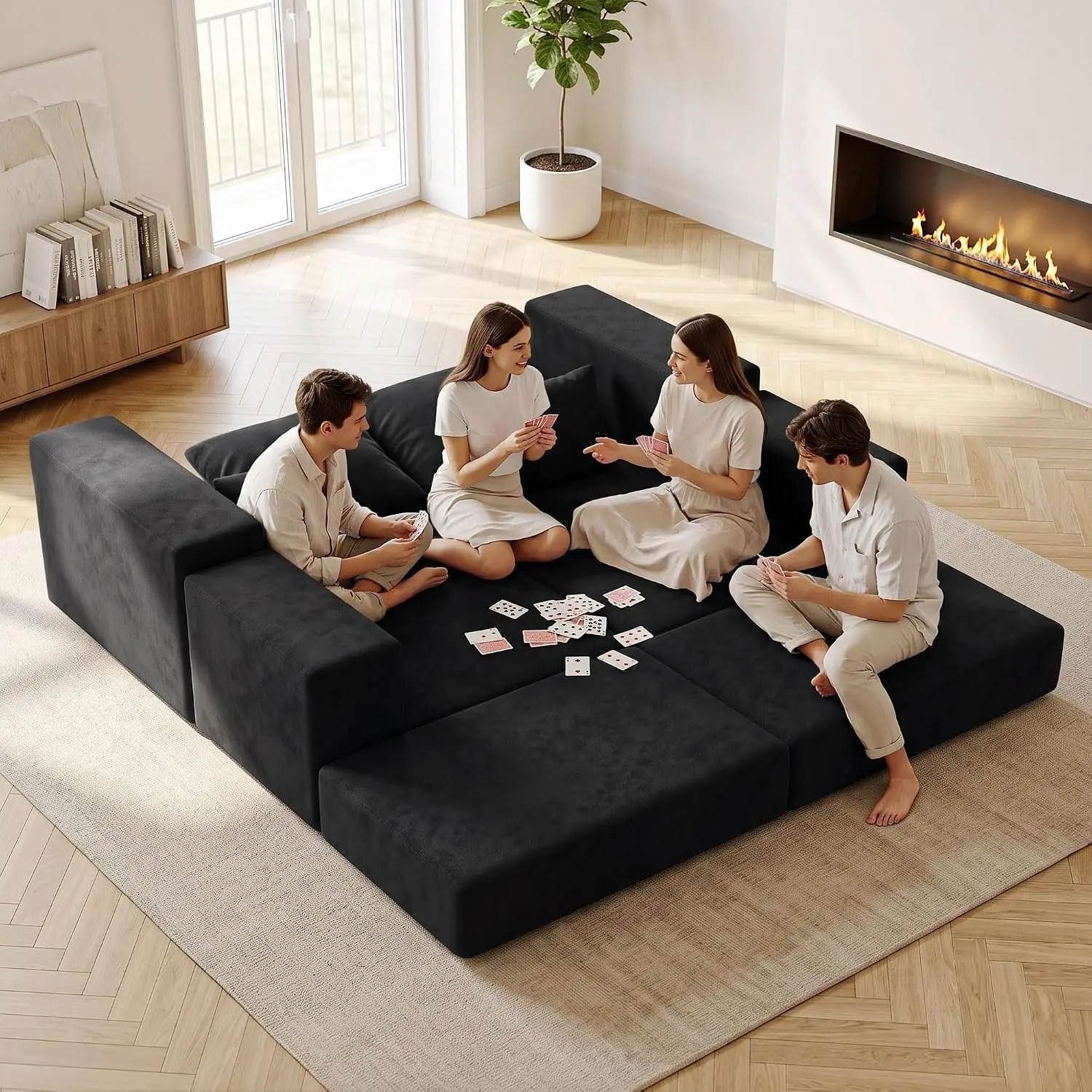 Modular Sectional Sofa, Comfy Boneless L-Shaped Couch with Reversible Chaise, Sleeper with Non Slip Deep Seat, Black, Customized