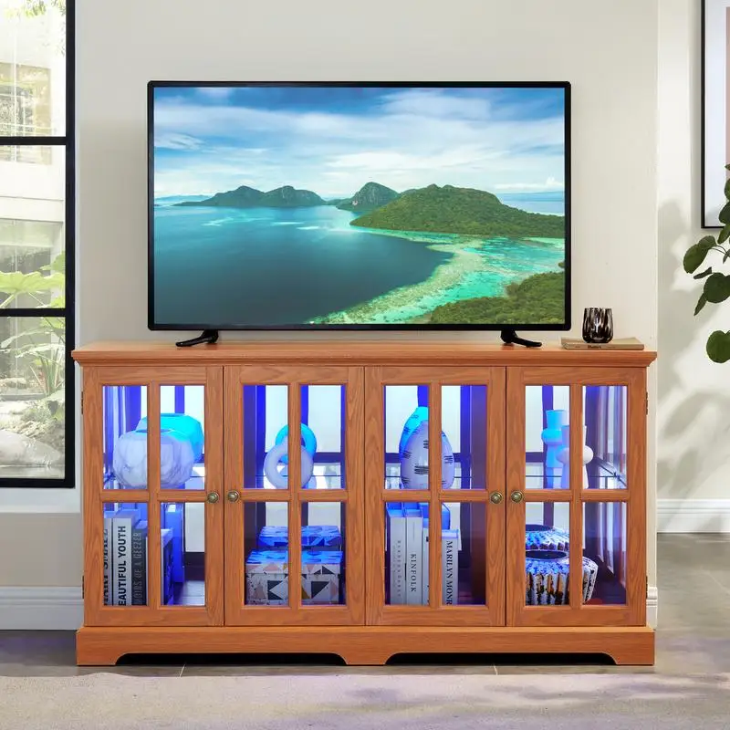 

LED Display Cabinet Antique Design Glass Doors Adjustable Shelves for Collectibles Four-Door Vintage Showcase for Home Office