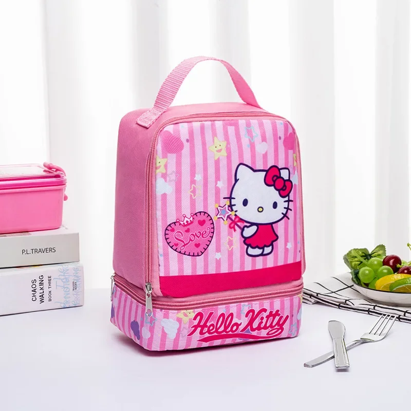 Hello Kitty Lunch Box Cute Kids Bento Bag grande capacità doppio strato Cartoon Student Kawaii Fruit Snack borsa da Picnic portatile