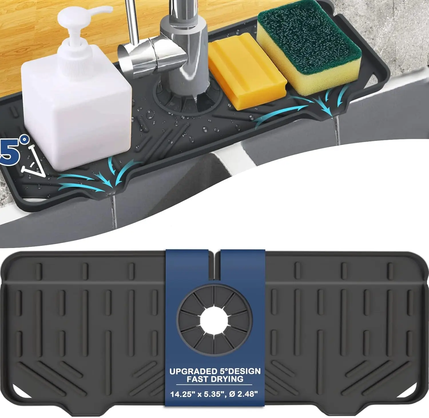 Silicone Faucet Handle Drip Catcher Tray Mat, Dish Soap Sponge Holder for Kitchen Sink Accessories