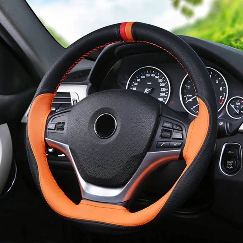 Car Steering Wheel Cover 38cm Steering-Wheel Anti-slip Soft Artificial Leather With Needles And Thread Auto Interior Accessories