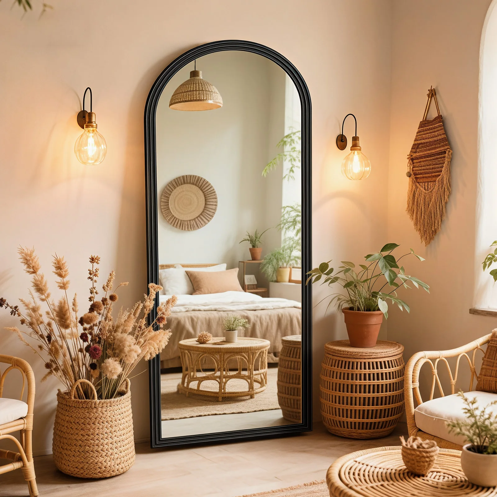 Miroir sur pied arqué pleine longueur avec cadre en bois noir, 160x50 cm, support métallique réglable, réflexion claire, emballage stable pour la maison, le salon et l'usage commercial