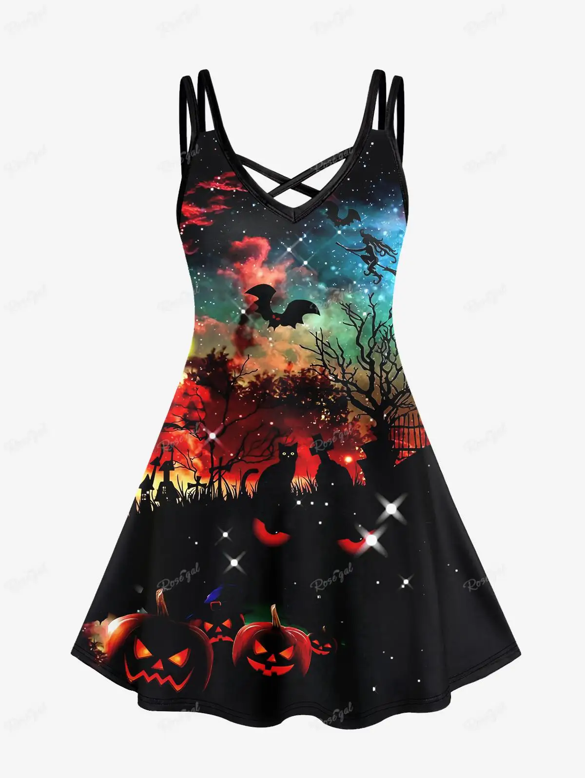 Gothic Printed Cami Plus Size Dress Pumpkin Cat Tree Bat Galaxy Glitter Colorblock Halloween XS-6X Casual Vestidos For Women