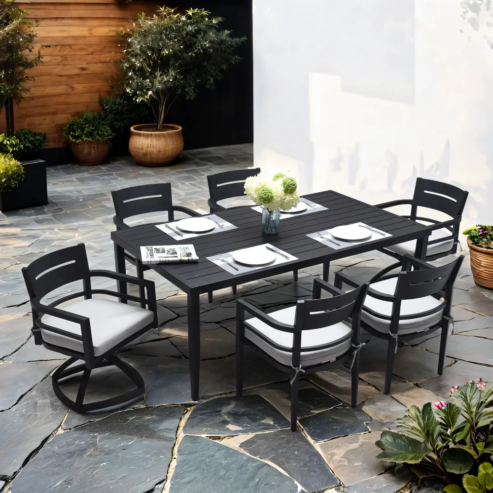 

7-Piece Outdoor Aluminum Dining Set:4 Chairs,2 Swivel Rockers(Sunbrella),Table w/Umbrella Hole,Ember Black