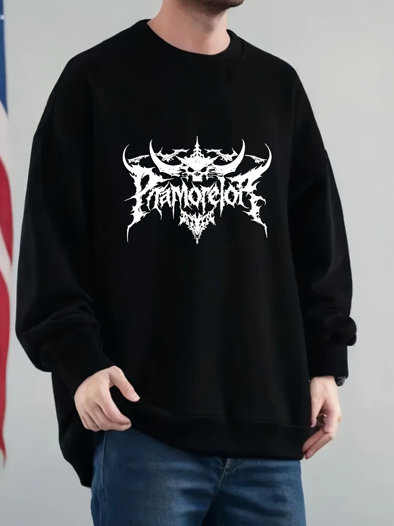 

Men's Gothic-style Skull and Wings Pattern Printed Loose-Fitting Sweatshirt - Filled and Warm Pullover Shirt