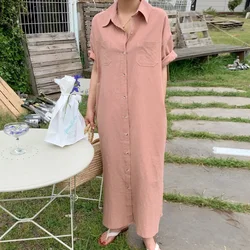 Women's Summer Solid Loose Long Shirt Dress Single Breasted Simple Cozy Maxi Sundress French Style