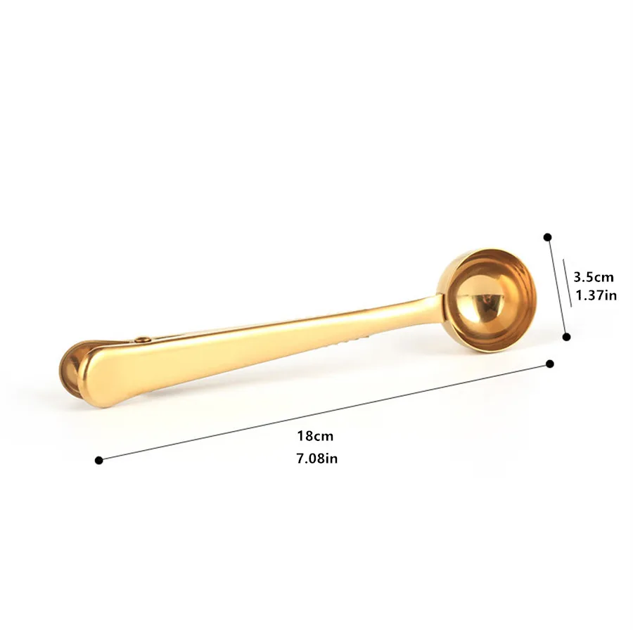 Cuchara de café multifuncional de acero inoxidable, clip para sellar bolsas de aperitivos, accesorio de cocina dorado para decoración de cafetería, 1 ud.