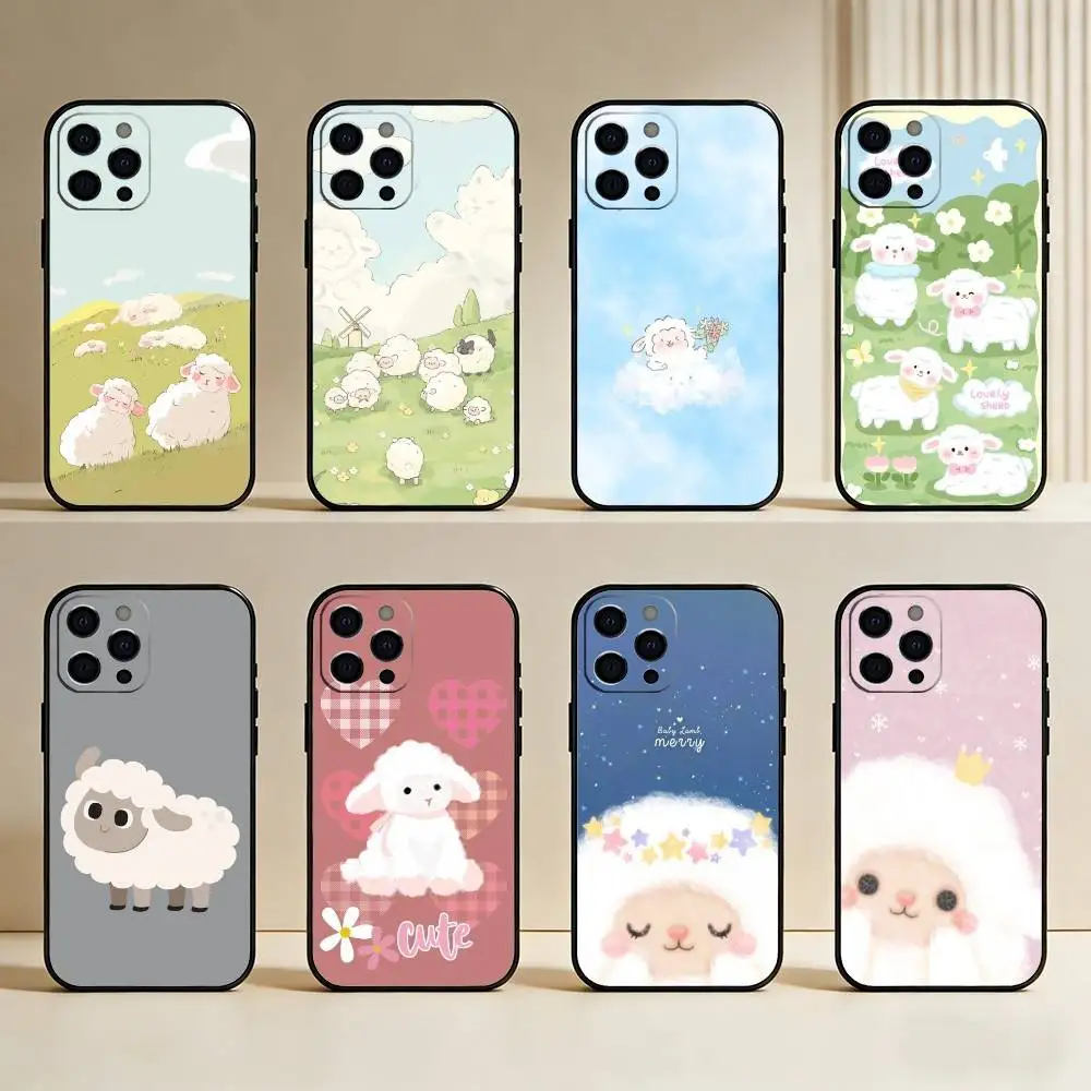 

Cartoon Lovely Sheep Phone Case For iPhone17,16,15,14,13,12 Plus,Max Soft Silicone Black Cover