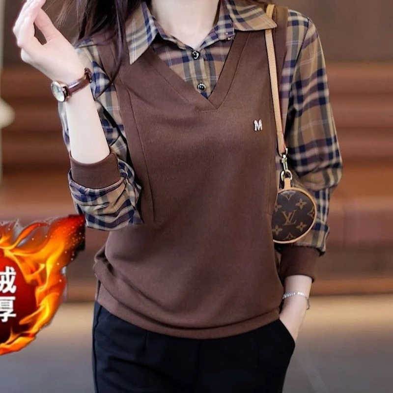 Two-piece Shirt for Middle-aged and Elderly Wome Stylish Checkered Shirt with Polo Collar to Cover the Belly and Reduce Age