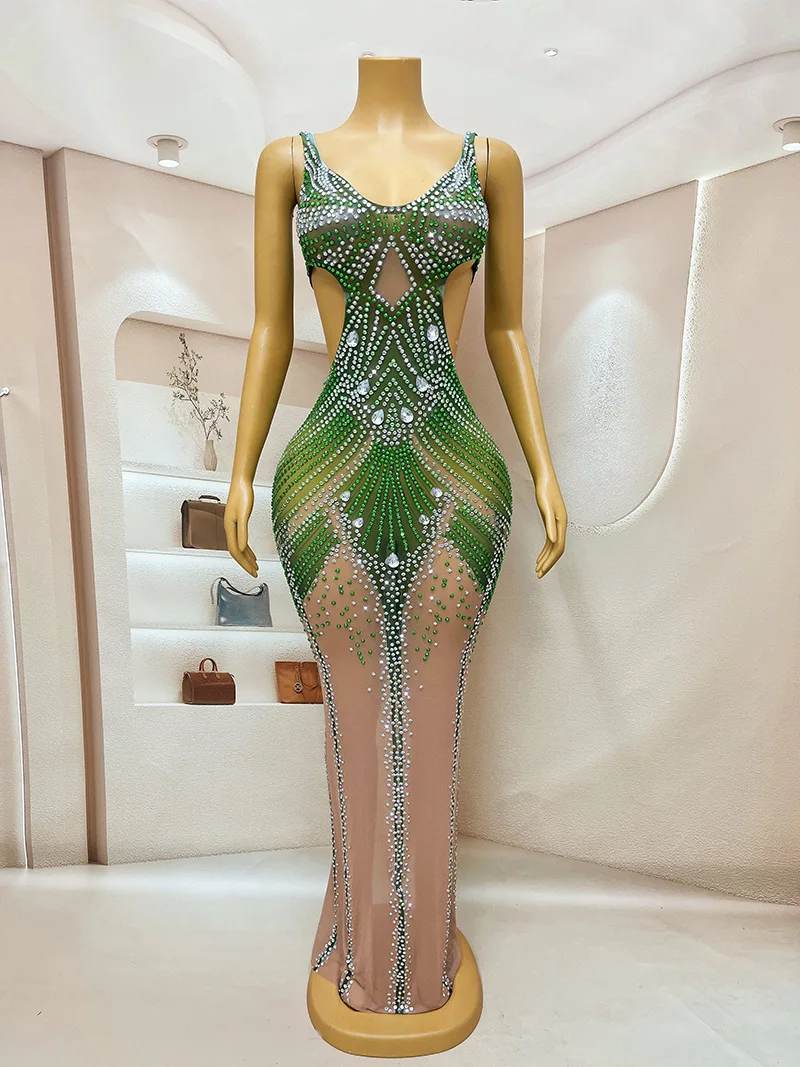 Fashion Temperament Handmade Sticky Diamond Printed Mesh Perspective Sexy Sleeveless Long Dress Party High-End Performance Dress