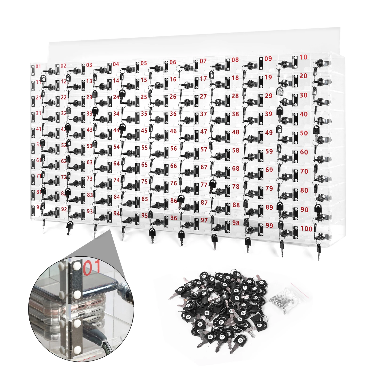 

100 Slots Phone Jail Storage Cabinet with Door Locks and Keys Cell Phone Storage Locker Clear Acrylic for School Factory Office