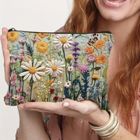 Large Capacity Floral Double-sided Printed Makeup Pouch Travel Organizer Handbag Linen Women Cosmetic Storage Bag For Gift