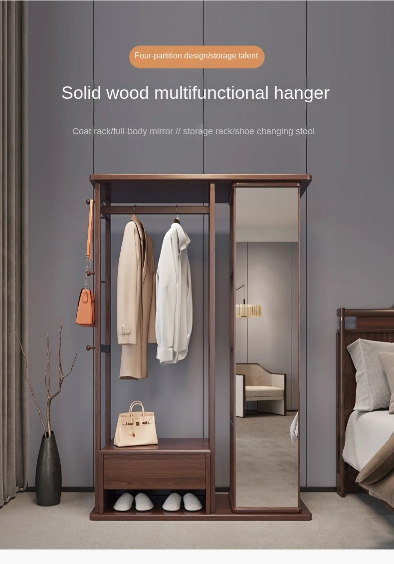 

Solid Wood Hanger Floor Bedroom and Household Coat Rack Full-Length Mirror Integrated Room Simple Multifunctional Storage Rack