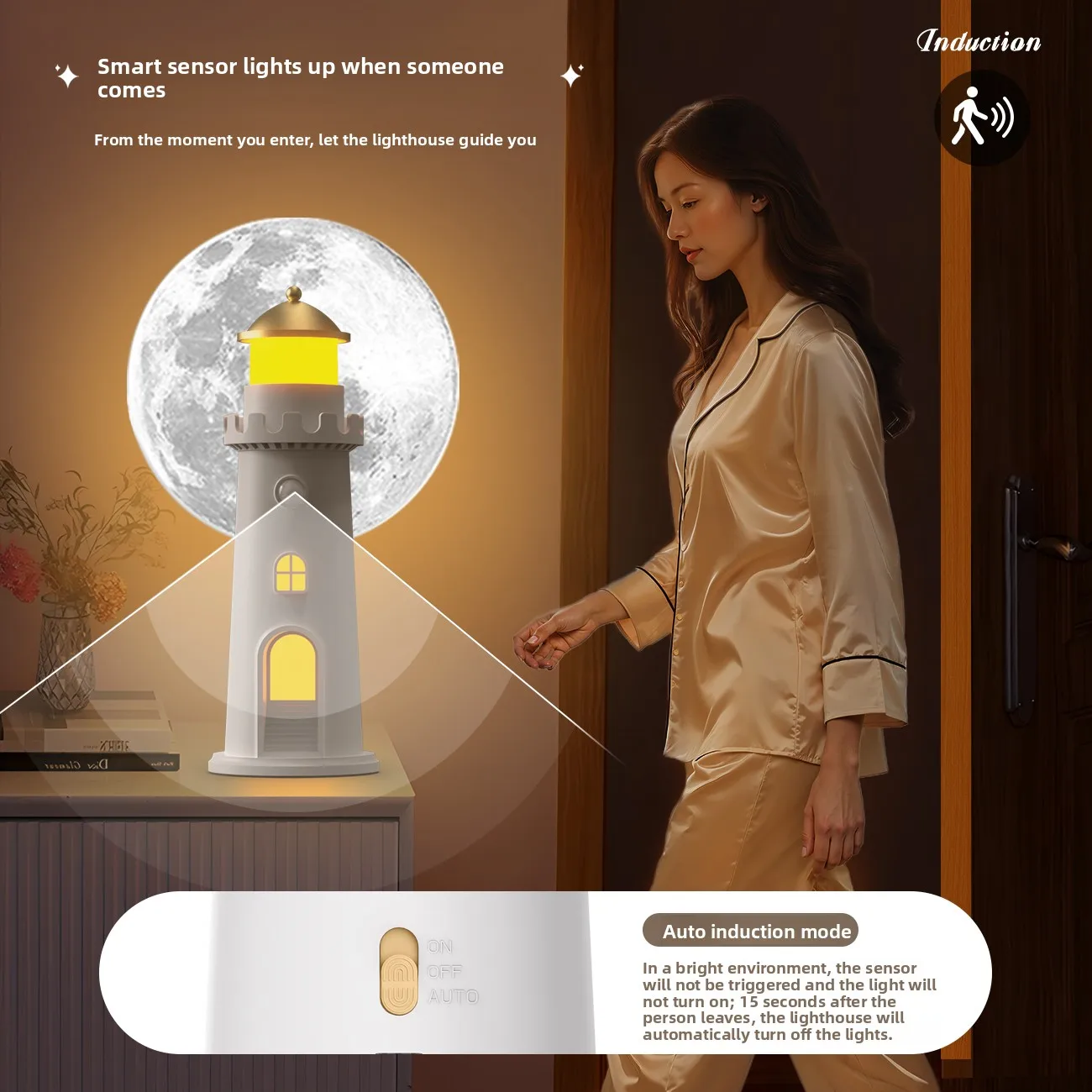 Moonlight Lighthouse Projection Human Body Sensor Night Light Ambience Lamp Creative Table Lamp Decoration