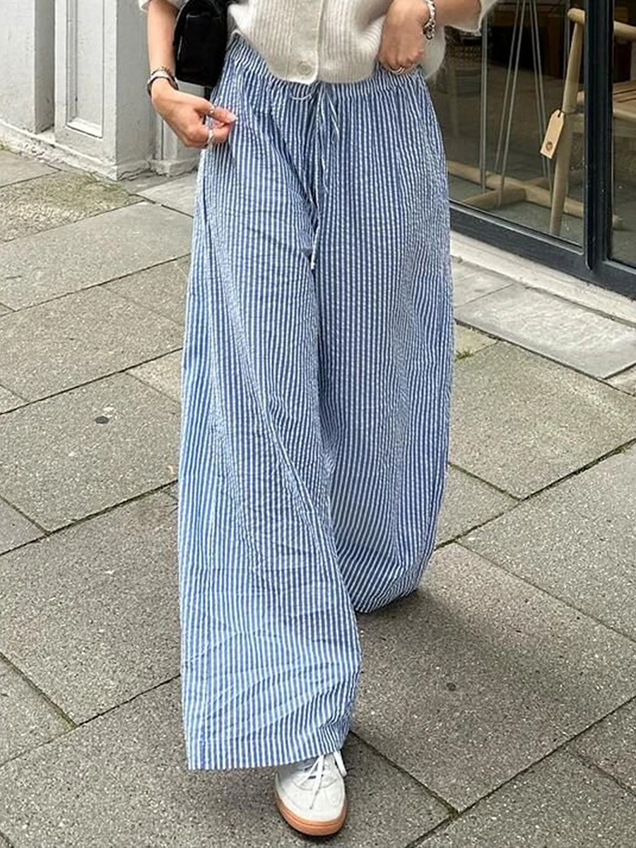 New Fashion Womens Spring Summer Baggy Pants Drawstring Waistband Loose Wide Leg Striped Pants Club Street Style Hot Sale S M L