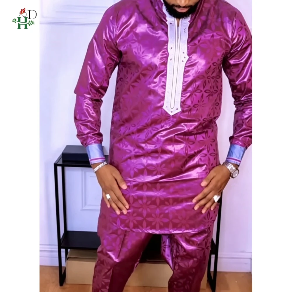 H&D 2026 Purple Bazin Riche Embroidery Plus Size African Clothing For Man Traditional Agbada Sets Dubai Thobe Wedding Party Suit