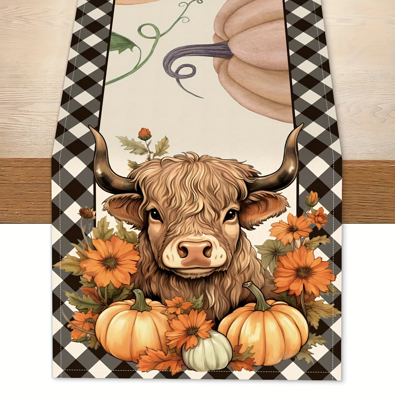 2D‑Printed Cow Pumpkin Buffalo Plaid Table Runner, Decor for Dining Table, Coffee‑Table, Gatherings, Indoor‑Outdoor Parties