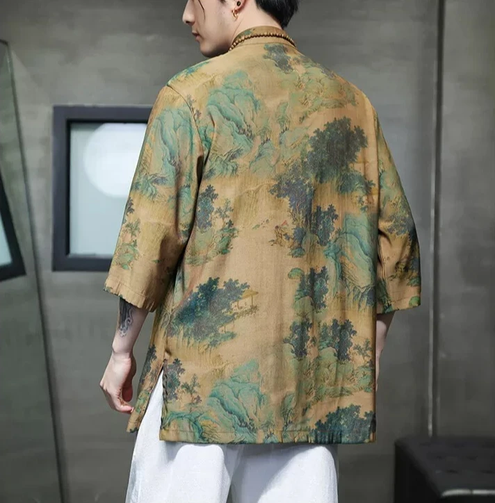 New Summer Collection: Men's Short-sleeve Printed Shirts with A Chinese-style Stand-up Collar—soft, Cool, and Comfortable.