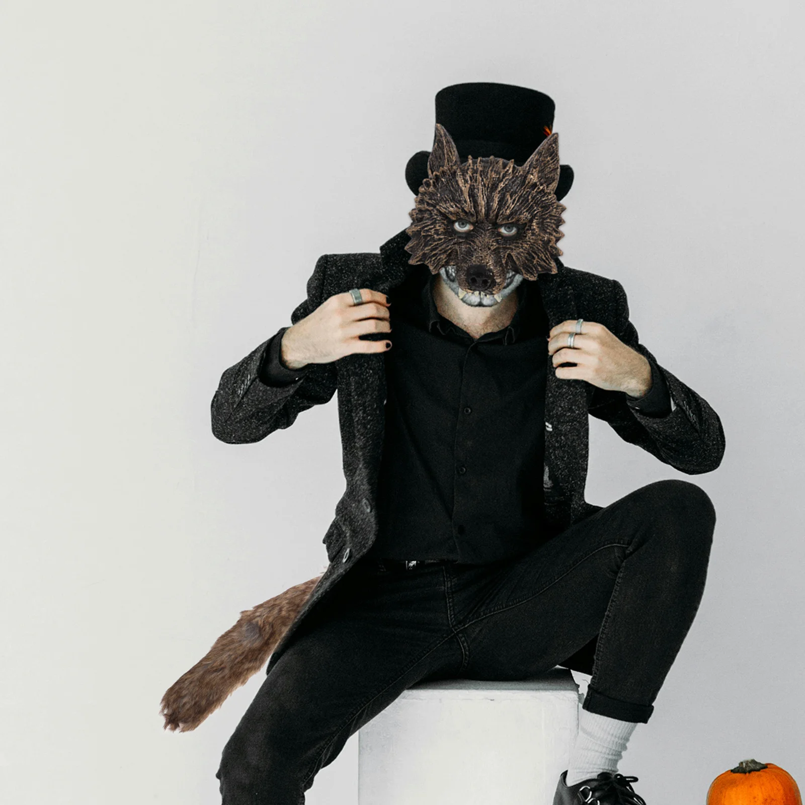 Conjunto de disfraz de hombre lobo para adultos y niños con máscara de lobo realista y cola para mascarada de Halloween, fiestas temáticas, espectáculos escénicos
