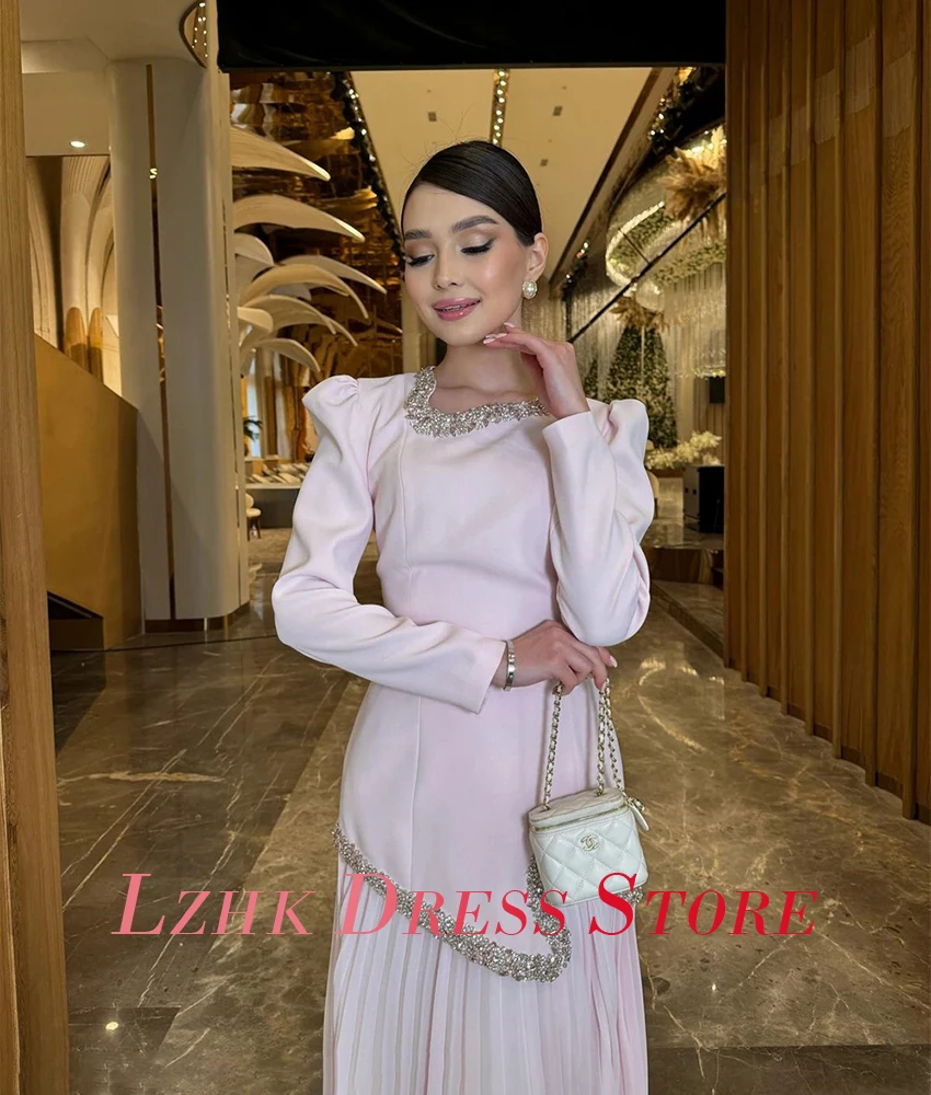 カスタマイズされた優雅なシフォン A ラインビーズクリスタル真珠イブニングドレス気質長袖スクエアネックウエディングドレス