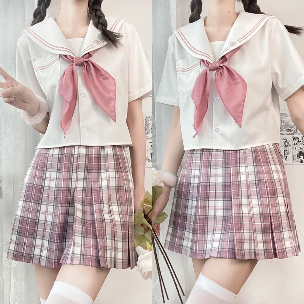 Conjunto de uniforme escolar japonês para meninas, doce flor de cerejeira jk terno sexy xadrez saia plissada fuku anime cos fantasias de formatura femininas