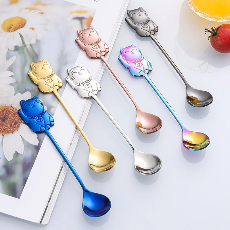 Stainless Steel Coffee Spoon Cute Lucky Cat Shape Teaspoon Dessert Snack Scoop Ice Cream Mini Spoons Tableware Kitchen Tools