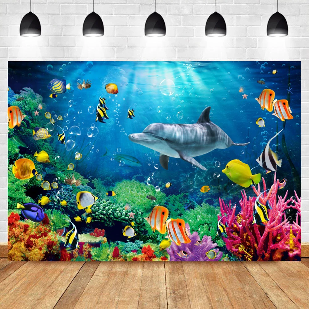 Underwater World Seabed Background Ocean Dolphin Underwater Marine Coral Fishes Baby Birthday Party Decor Photography Backdrop