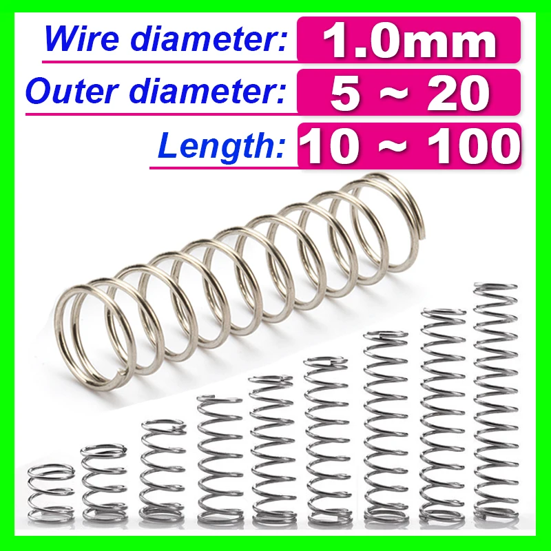 304 Stainless Steel Spring Wire Diameter 1.0mm Compress Pressure Spring Rotor Return Buffer Cylidrical Coil Od 5mm~20mm 10pcs