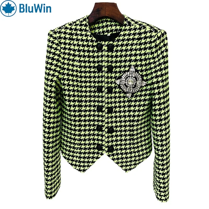 

URBANCHIC Beaded Round-Neck Wool-Blend Jacket – Green Houndstooth British Style Women’s Outerwear