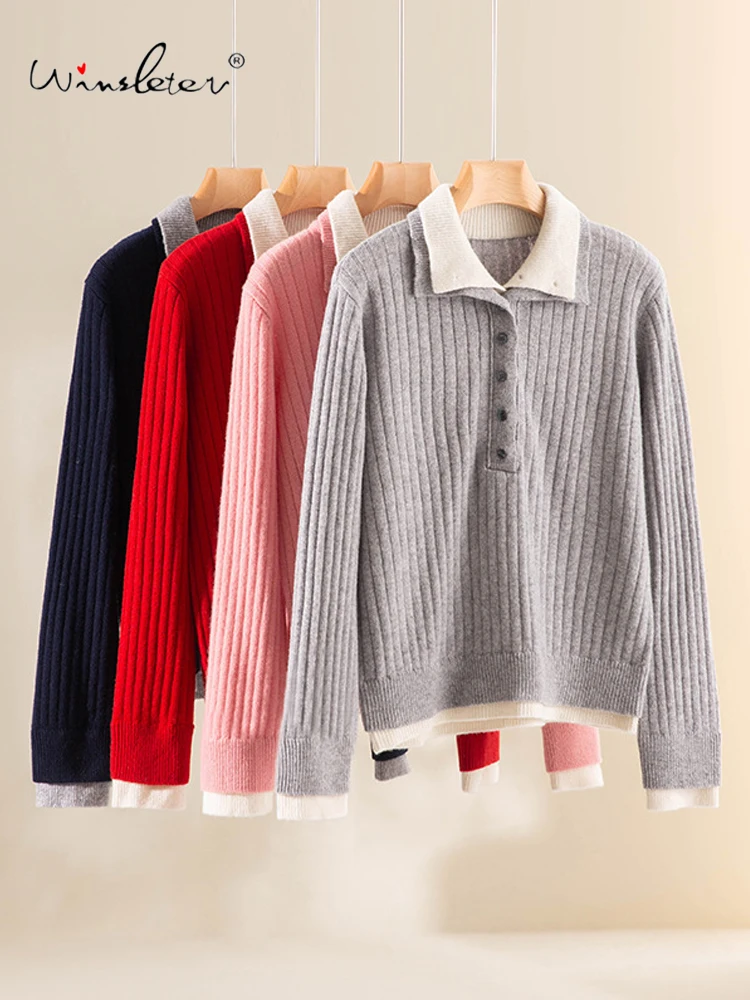 

Winsleter-100%Sheep Wool Elegant Sweater, Turn-down Collar Patchwork, Women Versatile Casual Sweater, 2025 Autumn New T5N580CC