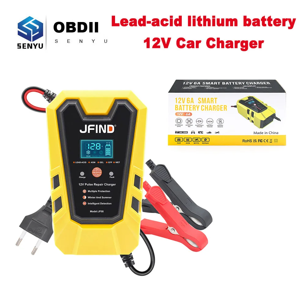 Jfind 12V Pulse Repair 6A Fast Charge For Car/Motorcycle Lead-acid lithium Car Battery Charger LCD Display battery tester