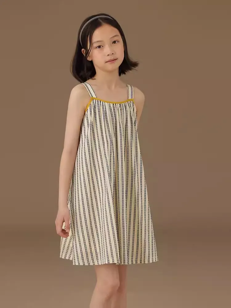 Teenager Kids Big Baby Girls Summer Sleeveless Dress Vertical Stripe Print Ruffle Hem Casual Spaghetti Strap Dress 4-15T