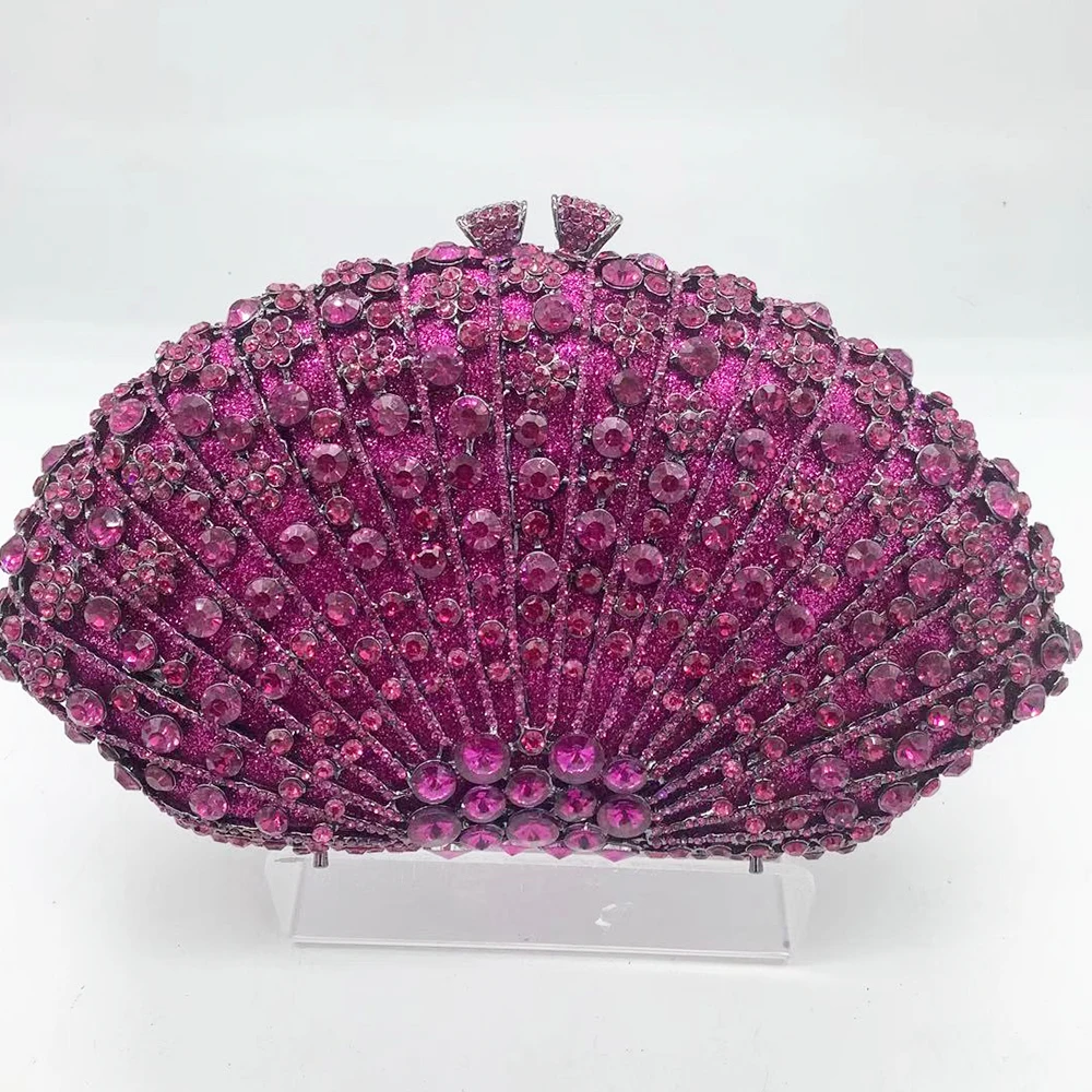 Fuchsia/Hot Pink Rhinestone Evening Bags Fan Women Diamond Wedding Purses Crystal Party Minaudiere Lady Dinner Cocktail Clutches
