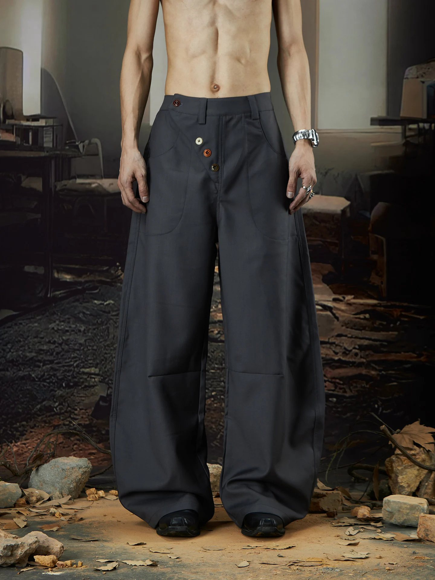 Special-Interest Design Multi-Button Deconstruction Oblique Placket Casual All-Match Matchet Pants Suit Loose Drape High Sense