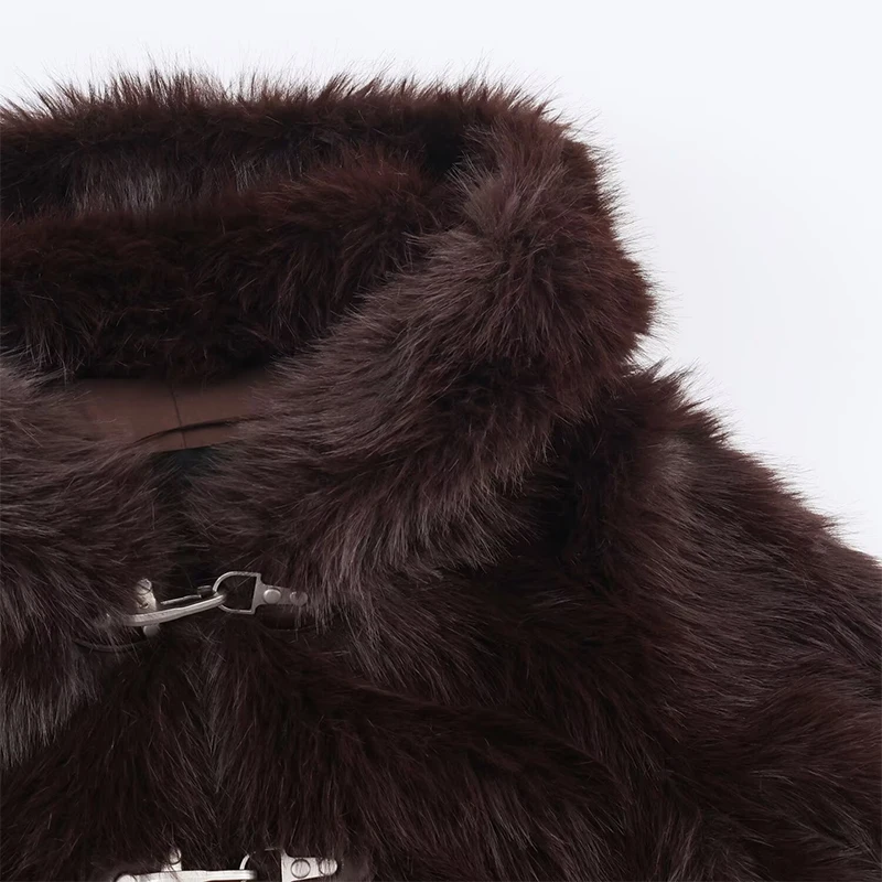 Elegant PU Fur Patchwork Jacket Women Loose Detachable Collar Lapel Double Breasted Jackets Female Fashion Winter Warm Outwear