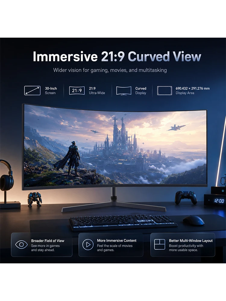 30-Zoll-Ultrawide-Curved-Gaming-Monitor, 2560×1080 WFHD, 21:9, 200 Hz hohe Bildwiederholfrequenz, 3000:1 Kontrast, 300 cd/m², 92 % sRGB, randloser Computerbildschirm für PC-Gaming, Büroarbeit und