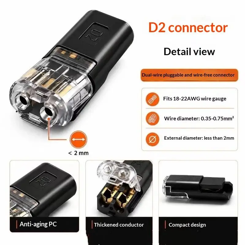 20Pcs D2 Pluggable Wire Connector Quick Connect Terminal Block Copper Contact Solderless Low Voltage LED Strip Cable Wire Splic