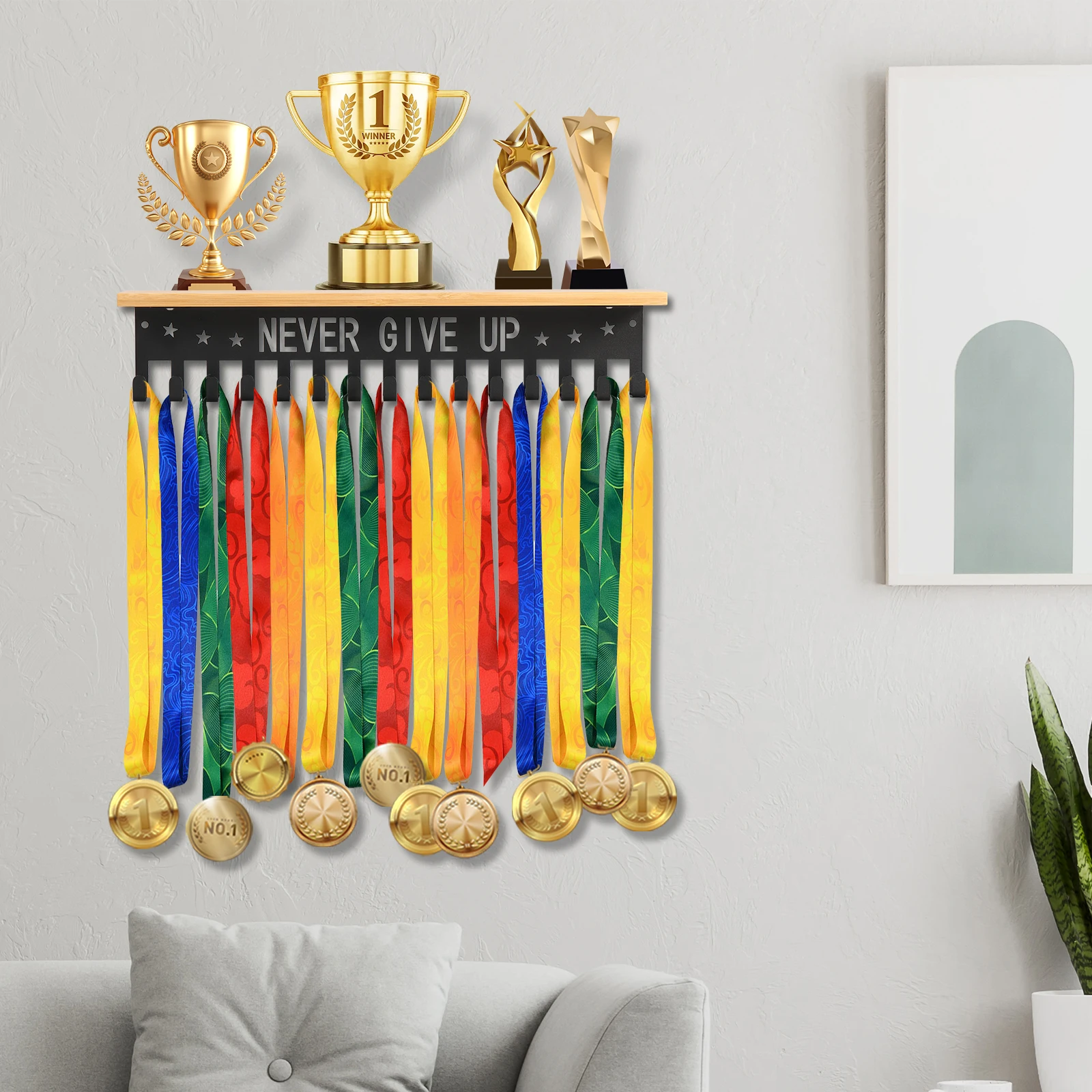 Medal Display Rack Trophy Shelf Medal Hanger Wall-mounted Metal Display Holder for Sport Race Medal Trophy Souvenir Photo Frame