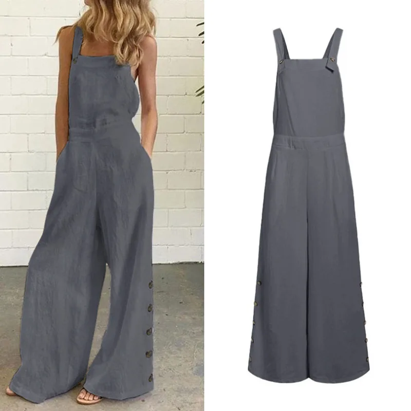 Women Spring Summer Loose Linen Jumpsuits Sleeveless Bib Overalls Siamese Button Wide leg Pants Long Trousers Plus Size 5XL