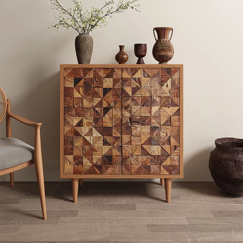 

Medieval solid wood entrance cabinet, shoe cabinet, entrance facing the foyer, locker, retro wabi-sandy wind parquet side