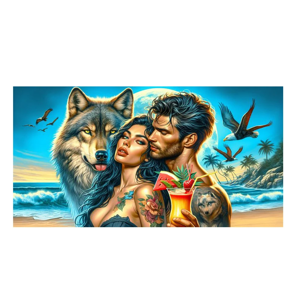 Romantic couple and wolf by the seaside Diamond Painting New 2024 Diy Full Diamond Mosaic Embroidery Halloween Gift,Home Decor