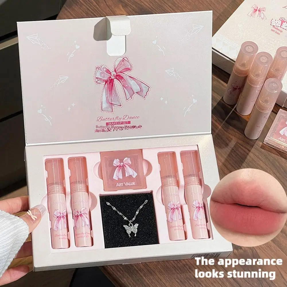 6 قطعة/صندوق ماتي أحمر الشفاه مجموعة الشفاه ماكياج المخملية عارية ملمع الشفاه ترطيب الشفاه الصقيل الوجه لوحة أحمر الخدود ماكياج مجموعة قلادة هدية #1