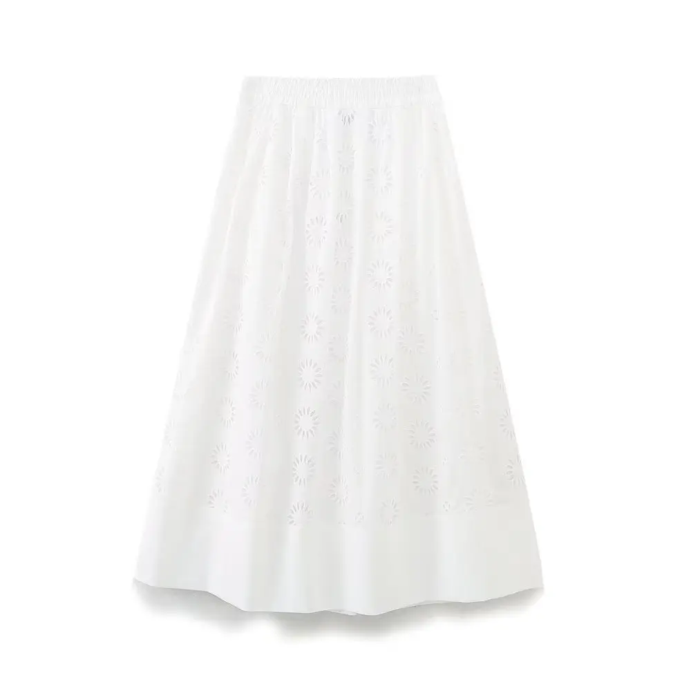 Dave&Di Moroccan Retro Skirt Hollow Embroidery High Waist Midi White Ladies Cotton Casual Skirt Womens