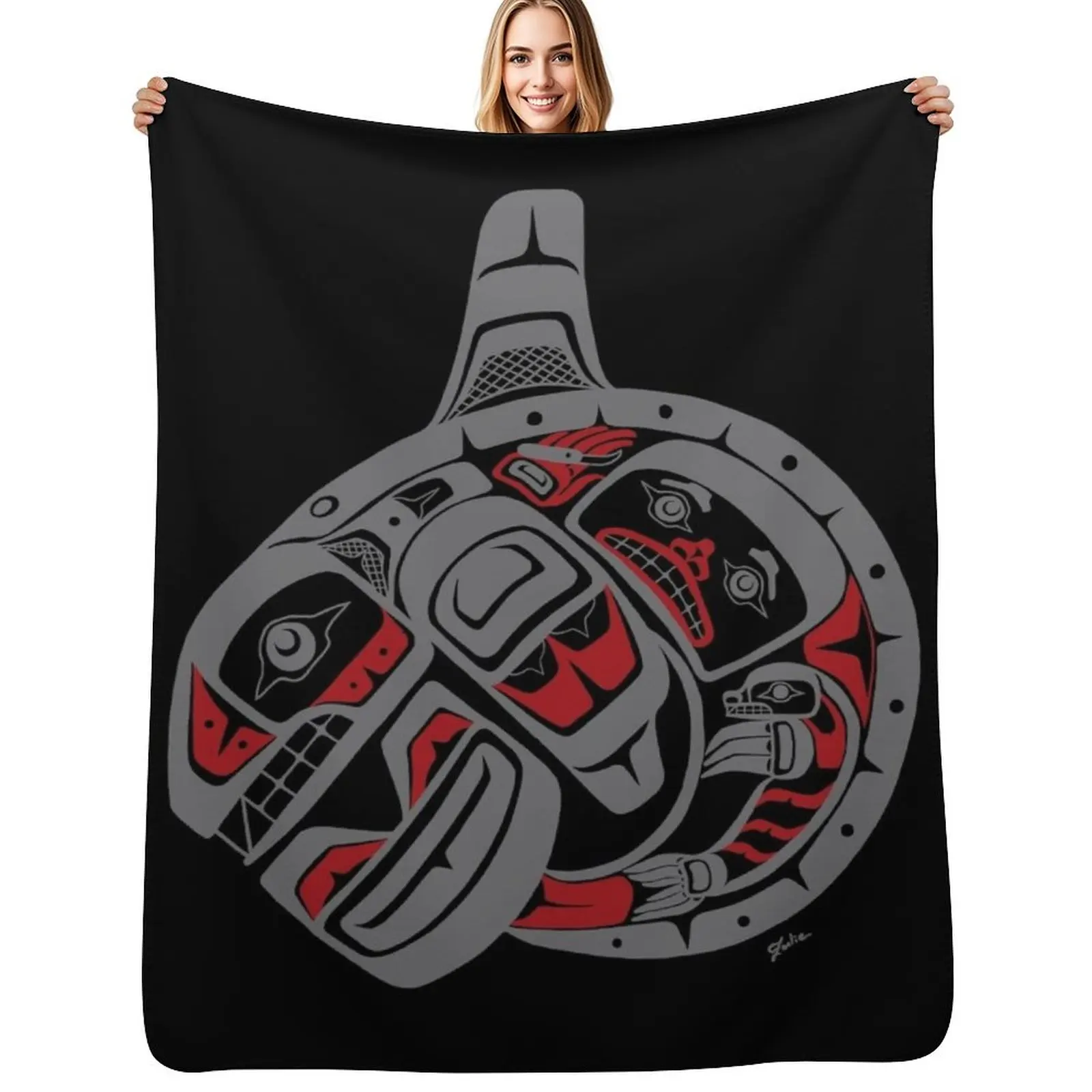 BLACKFISH - PNW native, Tlingit style orca killer whale GRAY Throw Blanket Soft Plaid Quilt Plaid Blankets