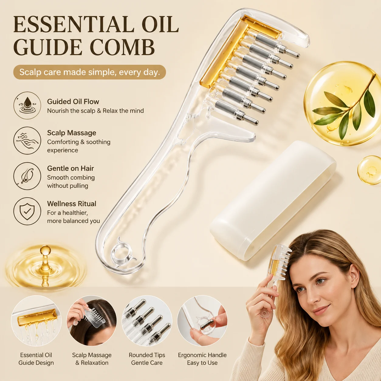 Essential Oil Applicator Massage Comb With Rolling Metal Teeth Unisex Portable Hair Care Comb Beauty Tools  For Home&Travel Use