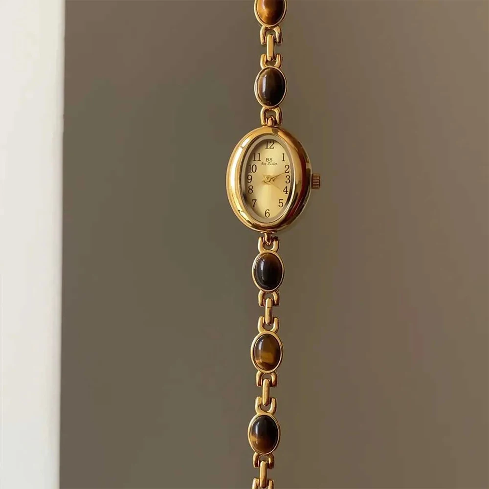 Bee Sister Bracciale in pietra naturale occhio di tigre Orologio da donna Orologio da donna al quarzo ovale Orologi da polso da donna vintage di alta qualità