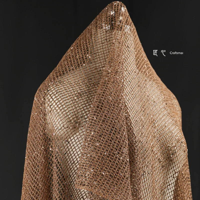 Brown Caramel Texture Particle Mesh Fabric Reconstructs Fish Mesh Perspective Yarn Dress Clothing Designer Fabric YLM