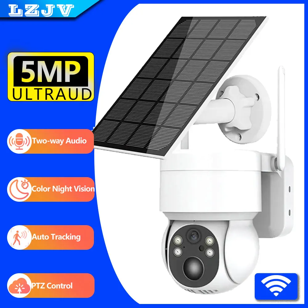 

LZJV Solar Camera WIFI Outdoor 5MP HD Wireless Security CCTV Waterproof IR Night Vision PIR Human Detect PTZ Camera