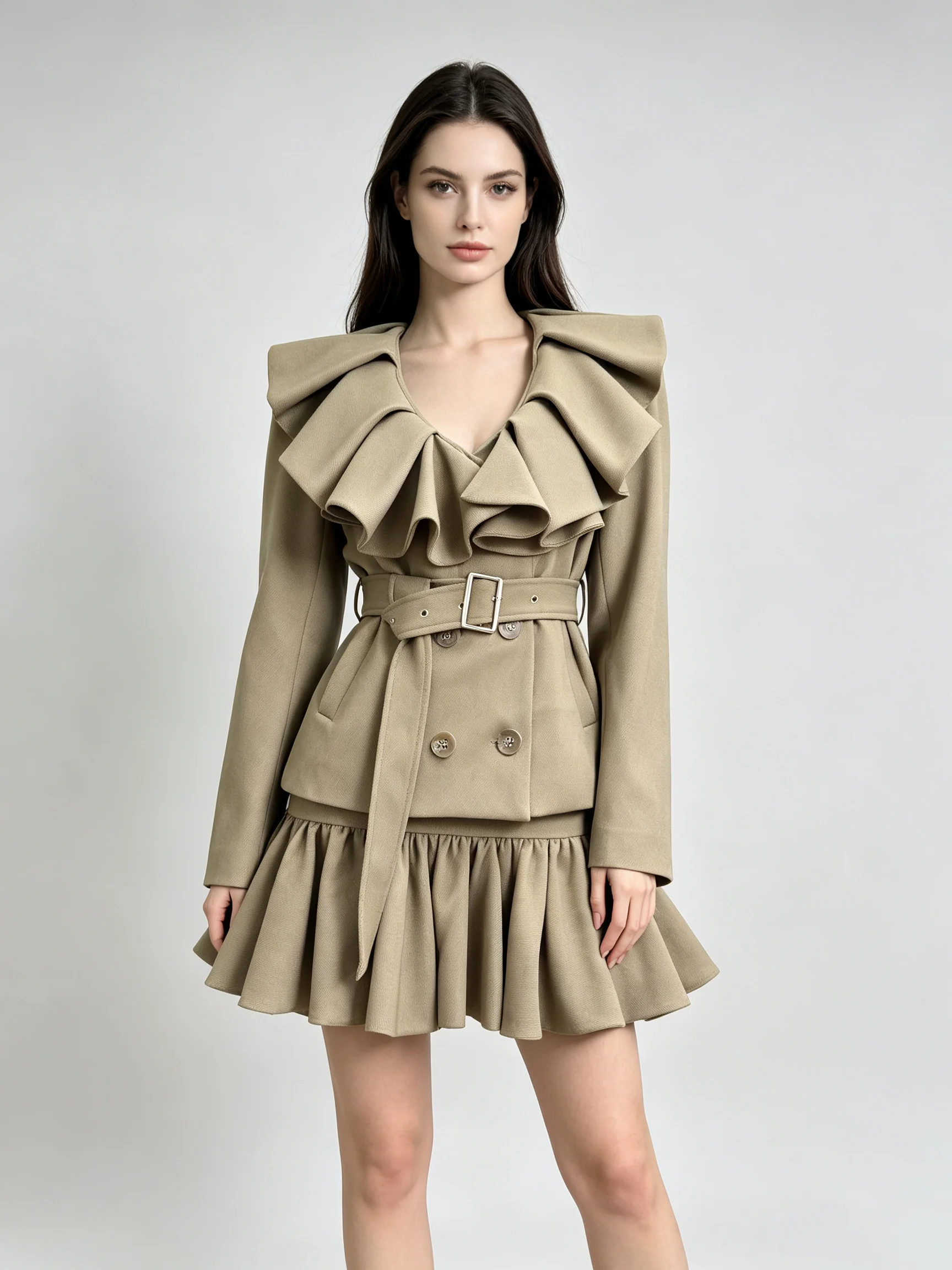 Elegant Women Ruffle V Neck 2 Piece Set Double Breasted Blazer Ruffle Skirt With Belt